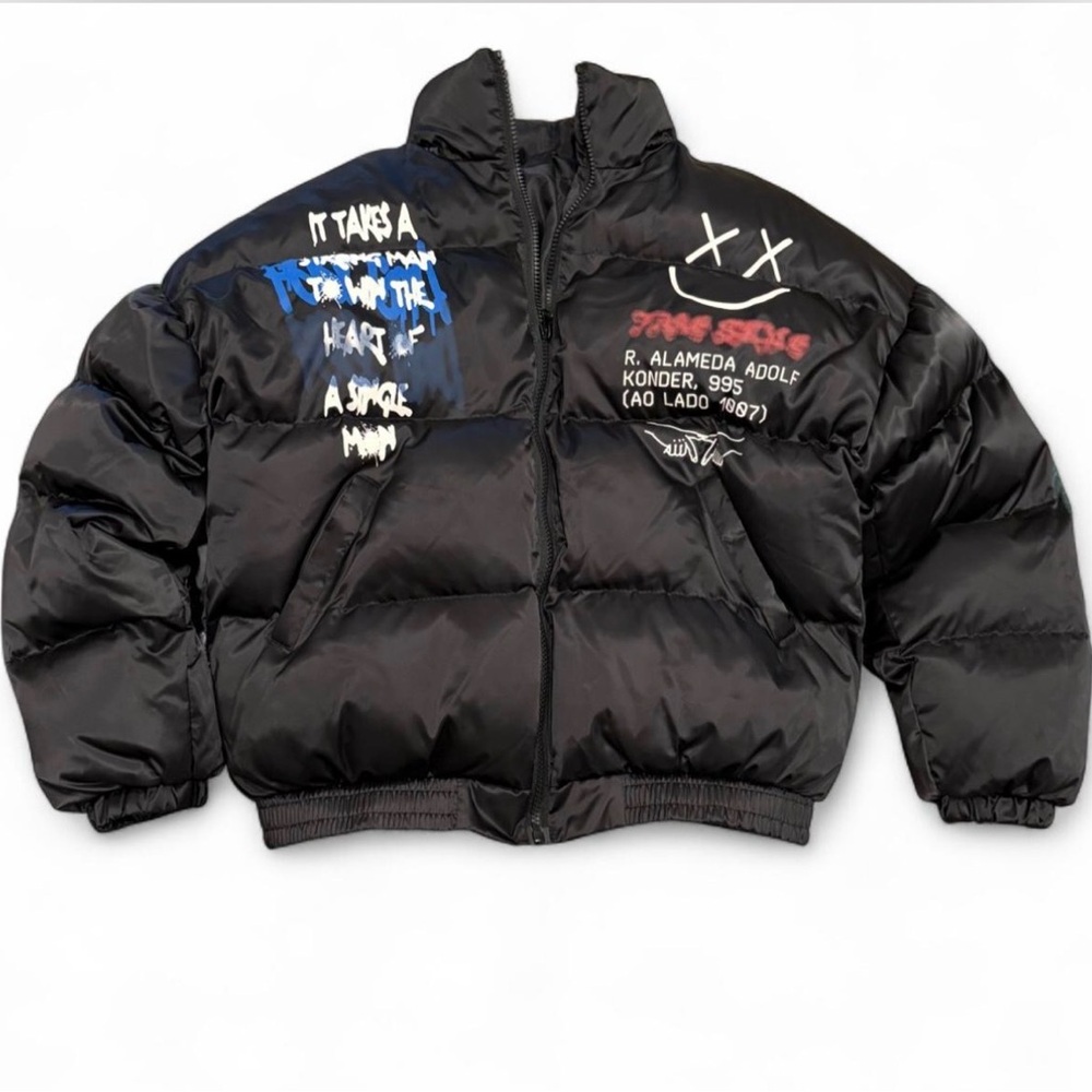 Black Puffer Jacket with Graphic Design